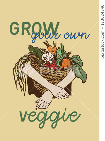 Vector vegetable poster of carrot and tomato in basket. Hand-drawn garden harvest sketch. Tasty food illustration for restaurant and cafe interior, veggie market drawing print, fabric or background. Vector vegetable poster of carrot and tomato in basket. Hand-drawn garden harvest sketch. Tasty food illustration for restaurant and cafe interior, veggie market drawing print, fabric or background. 123624846