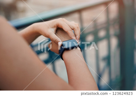 Sport. Fitness Girl Checks Tracker On Wrist Before Workout. Fashion Sporty Woman. Fit Female Monitoring Pulse On Smart Watch. 123624923