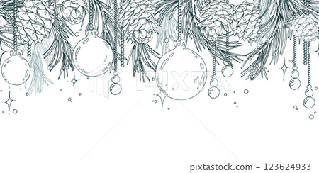 Christmas balls hanging, pine branches, cones with twinkling stars. Christmas, New Year, winter Line art is a simple hand-drawn illustration in black and white ink. Seamless border pattern vector EPS Christmas balls hanging, pine branches, cones with twinkling stars. Christmas, New Year, winter Line art is a simple hand-drawn illustration in black and white ink. Seamless border pattern vector EPS 123624933
