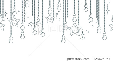 Beads gold with hanging stars vertical stripes with twinkling stars. Christmas, New Year, winter Line art is a simple hand-drawn illustration in black and white ink. Seamless border pattern vector EPS 123624935