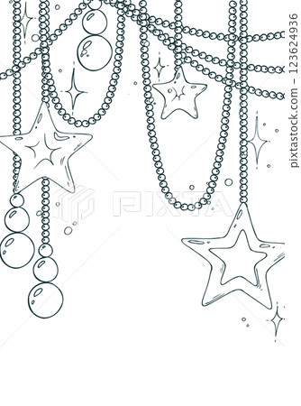 Golden beads with toys stars hanging with shimmer. Line art is a simple hand-drawn illustration in black and white ink. Template, frame, decorative framing vector EPS. Christmas New year Golden beads with toys stars hanging with shimmer. Line art is a simple hand-drawn illustration in black and white ink. Template, frame, decorative framing vector EPS. Christmas New year 123624936