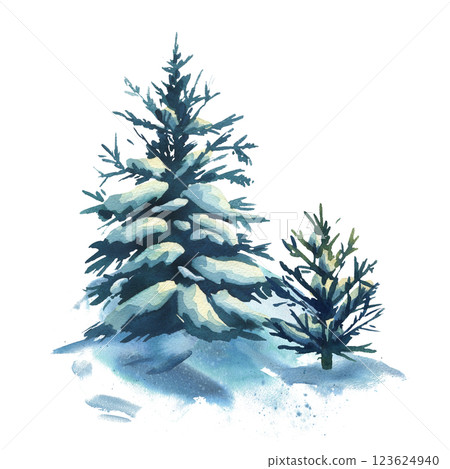 Winter landscape in the forest with two spruce trees with snow on the branches and snowdrifts around. Watercolor hand drawn illustration. Composition simple wildlife scene isolated from background 123624940