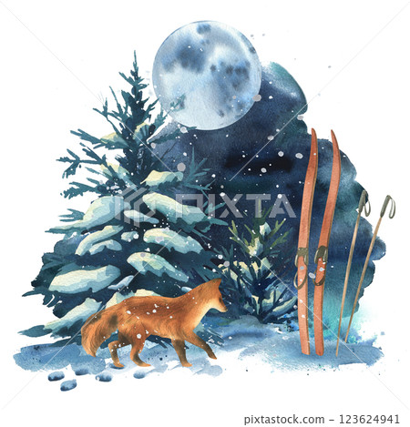 Winter landscape in the night forest with a fox, spruce trees, moon and snowdrifts, skis. Watercolor hand drawn illustration. Wildlife scene composition isolated from background 123624941