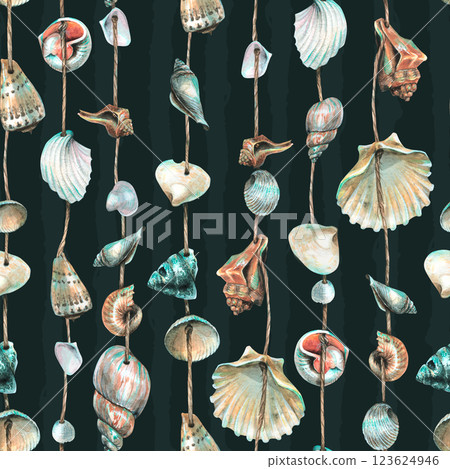 Various seashells are round, spiral, suspended on ropes. Marine garlands for decoration. Hand drawn watercolor illustration. Seamless pattern on a dark blue background Various seashells are round, spiral, suspended on ropes. Marine garlands for decoration. Hand drawn watercolor illustration. Seamless pattern on a dark blue background 123624946