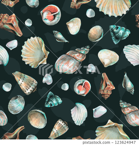 Seashell Seamless pattern on a dark blue background. Hand drawn watercolor Sea Shells for wrapping paper or textile in nautical style. Underwater illustration with cockleshell and scallop Seashell Seamless pattern on a dark blue background. Hand drawn watercolor Sea Shells for wrapping paper or textile in nautical style. Underwater illustration with cockleshell and scallop 123624947