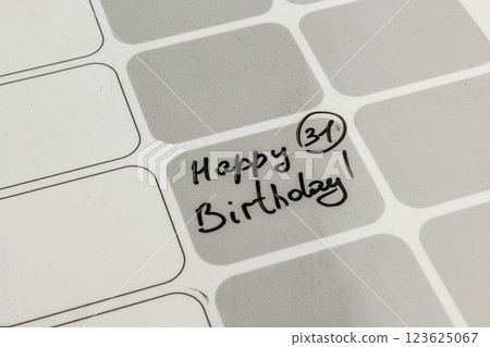Celebratory message on a calendar with a birthday note for the 31st Celebratory message on a calendar with a birthday note for the 31st 123625067