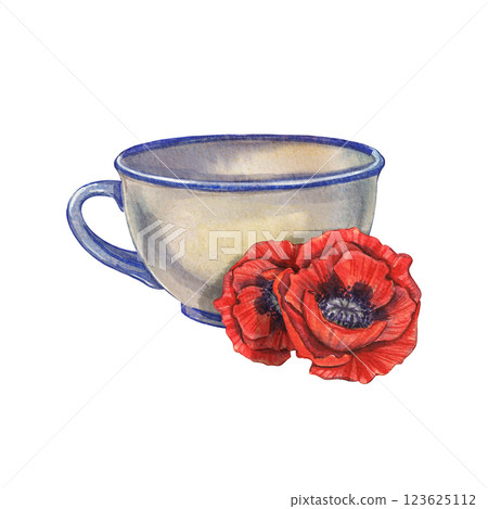 Watercolor cup with red poppies on a white background. Illustration of a rural scene. A cozy evening. A botanical image of red flowers. Provencal plants. Harvesting. Suitable for clothes, postcards. 123625112