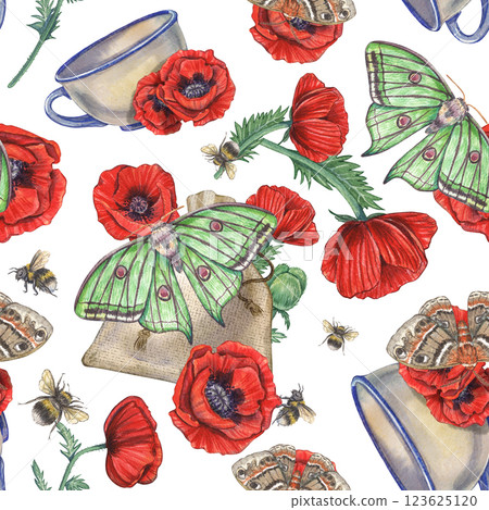 A pattern with watercolor red poppy flowers, a mug and moths on a white background. Illustration of botanical plants. Provencal flowers. A summer motif. Suitable for clothes, fabrics, postcards. 123625120