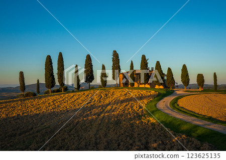 Italian countryside farmhouse with cypress trees at sunset on a dirt road 123625135
