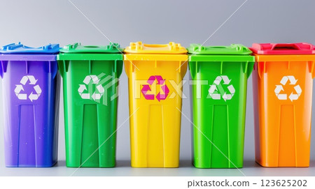 Recycling Bins Aligned Promoting Waste Sorting and Environmental Awareness Recycling Bins Aligned Promoting Waste Sorting and Environmental Awareness 123625202