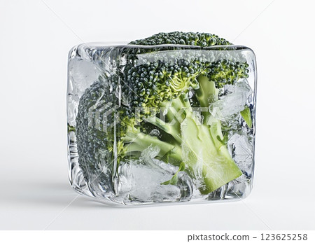 Fresh broccoli frozen inside a transparent ice cube. Isolated on white background with clipping path 123625258