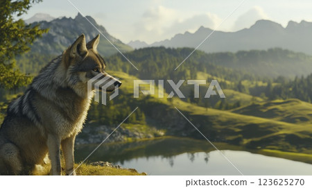 Majestic wolf sitting in a scenic mountain landscape near a lake. Wildlife photography in natural habitat 123625270