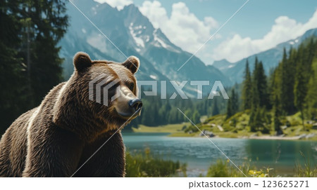 Brown bear in a scenic mountain landscape near a lake. Wildlife photography with natural copy space 123625271