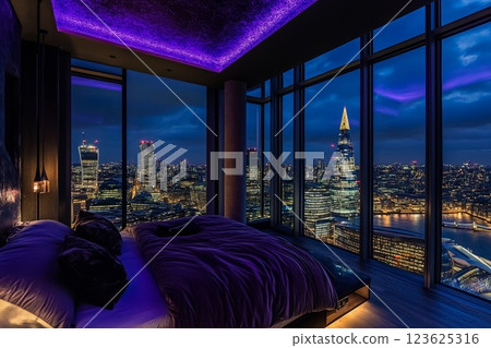 dark toned bedroom in penthouse with ceiling lighting with great view of night city 123625316