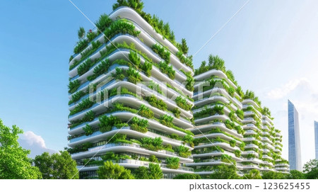 Innovative urban farm features vertical gardens and solar-powered greenhouses for sustainable living 123625455