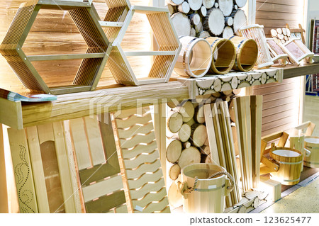Wooden products for sauna bath in store 123625477