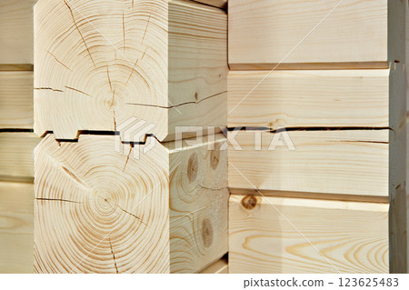 Wooden construction timber in wall of house 123625483