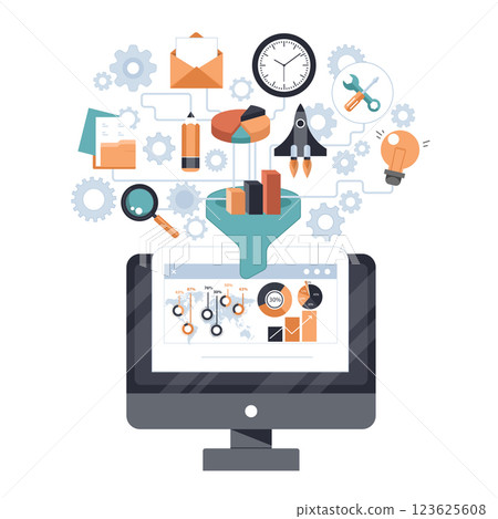Concepts for creative process, big data filter, data tunnel and analysis. Flat vector illustration 123625608