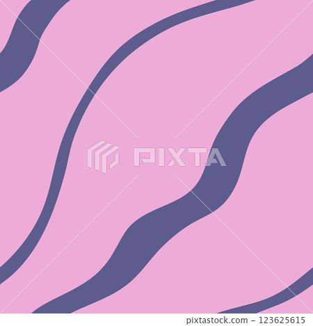 Minimal abstract wavy stripes vector seamless pattern. Modern repeat design with hand drawn purple curved diagonal lines on pink background. Simple geometric tile for fabrics, textile, media, print 123625615