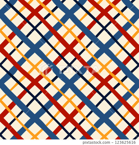Wavy cross lines vector seamless pattern. Hand drawn colorful modern geometric repeat tile design, bright retro rhombus plaid. Vibrant bold crossed diagonal stripes on light background for fabrics 123625616