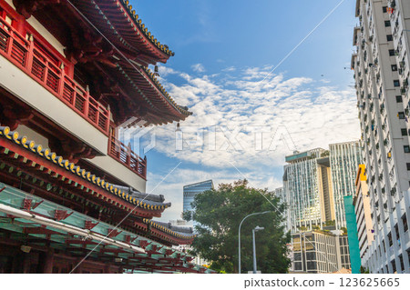 Traditional architecture of Buddha Tooth Relic Temple in the downtown district of Singapore Traditional architecture of Buddha Tooth Relic Temple in the downtown district of Singapore 123625665