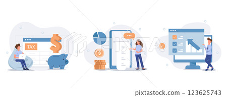 Various Finance Icons. Characters Calculating Long Bill or Invoice Online, Filling Tax From, Analyzing Financial Data. Income Management Concept. Flat Cartoon Vector Illustration. Various Finance Icons. Characters Calculating Long Bill or Invoice Online, Filling Tax From, Analyzing Financial Data. Income Management Concept. Flat Cartoon Vector Illustration. 123625743