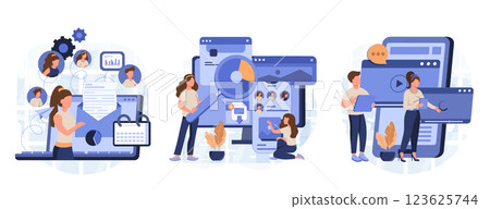 Campaign tracking and analysis abstract concept vector illustration set. Marketing campaign management, video content, email marketing, social media metrics, audience engagement abstract metaphor. 123625744