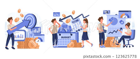 Cost optimization concept set. Idea of financial and marketing strategy. Cost and income balance. Spending and cost reduction, while maximizing business value. Isolated flat illustration vector 123625778
