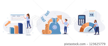 Cost optimization concept set. Idea of financial and marketing strategy. Cost and income balance. Spending and cost reduction, while maximizing business value. Isolated flat illustration vector 123625779