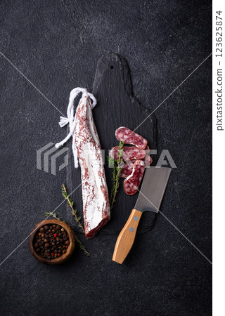 Salami sausage fuet with spice 123625874
