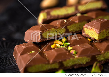 Dubai chocolate with kadayif pistachio filling Dubai chocolate with kadayif pistachio filling 123625886