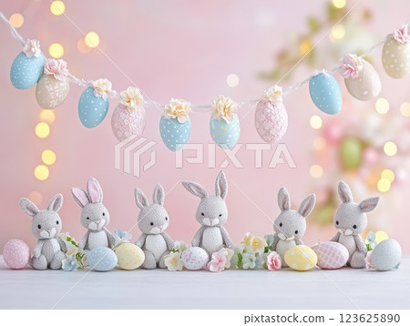 Charming pastel Easter scene with decorative bunnies and egg garland Charming pastel Easter scene with decorative bunnies and egg garland 123625890