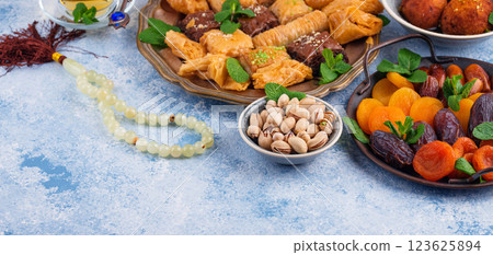 Ramadan iftar traditional desserts baklava and dates Ramadan iftar traditional desserts baklava and dates 123625894