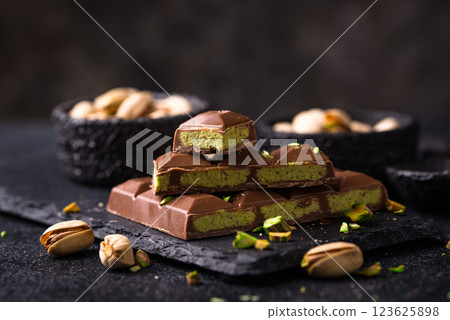 Dubai chocolate with kadayif pistachio filling Dubai chocolate with kadayif pistachio filling 123625898