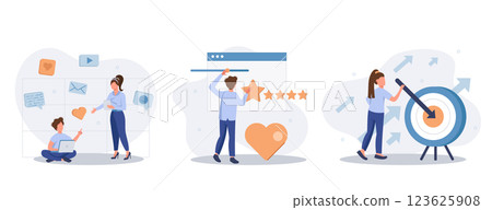 Customer behavior analysis abstract concept vector illustration set. Data driven marketing, user feedback and website rating, online survey, user data, marketing research tool abstract metaphor. 123625908