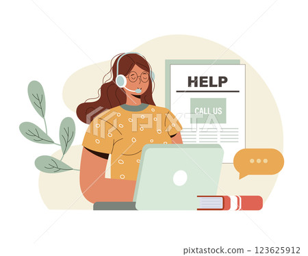 Frequency asked questions and helpdesk illustration set. Characters contacting with helpdesk service, asking questions and receiving answers. Customer support concept. Vector illustration. 123625912