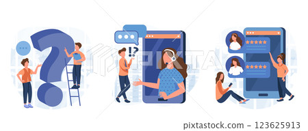 Frequency asked questions and helpdesk illustration set. Characters contacting with helpdesk service, asking questions and receiving answers. Customer support concept. Vector illustration. 123625913