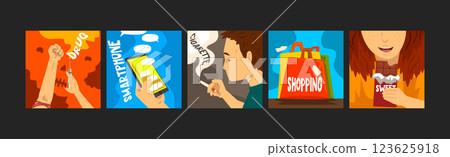 Bad Habits and Harmful Addiction Poster Vector Set 123625918