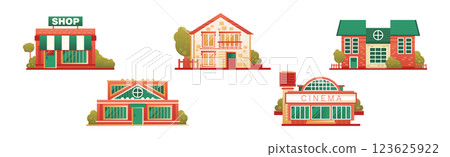 City Street House Exterior and Front View with Roof Vector Set City Street House Exterior and Front View with Roof Vector Set 123625922