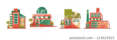 City Street House Exterior and Front View with Roof Vector Set City Street House Exterior and Front View with Roof Vector Set 123625923