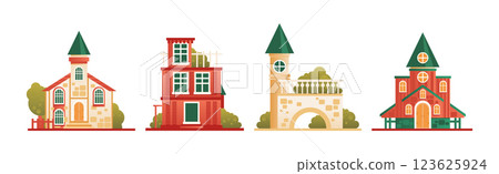 City Street House Exterior and Front View with Roof Vector Set City Street House Exterior and Front View with Roof Vector Set 123625924