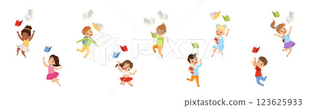 Cute Kids Jumping Throwing Books Up in the Air Vector Set 123625933