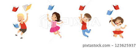 Cute Kids Jumping Throwing Books Up in the Air Vector Set Cute Kids Jumping Throwing Books Up in the Air Vector Set 123625937