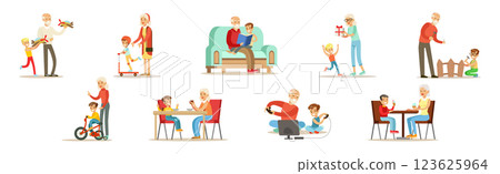 Grandparent with Boy Kid Spend Time Vector Set Grandparent with Boy Kid Spend Time Vector Set 123625964