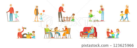 Grandparent with Boy and Girl Kid Spend Time Vector Set Grandparent with Boy and Girl Kid Spend Time Vector Set 123625966