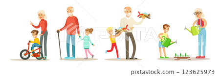 Grandparent with Boy and Girl Kid Spend Time Vector Set 123625973