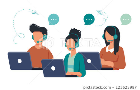 Vector illustration, customer service, hotline operator advises customer, online global technical support, customer and operator vector. Technicians with lap tops Vector illustration, customer service, hotline operator advises customer, online global technical support, customer and operator vector. Technicians with lap tops 123625987