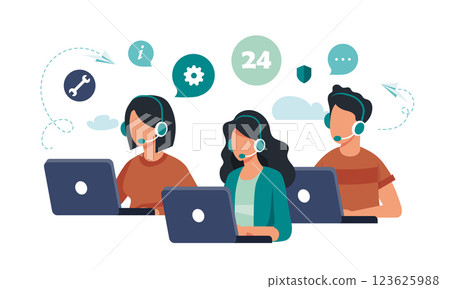 Vector illustration, customer service, hotline operator advises customer, online global technical support, customer and operator vector. Technicians with lap tops 123625988