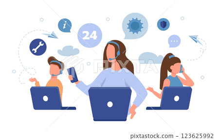 Vector illustration, customer service, hotline operator advises customer, online global technical support, customer and operator vector. Technicians with lap tops Vector illustration, customer service, hotline operator advises customer, online global technical support, customer and operator vector. Technicians with lap tops 123625992