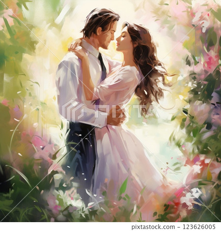 Bride and Groom Whispering Vows in Serene Garden 123626005